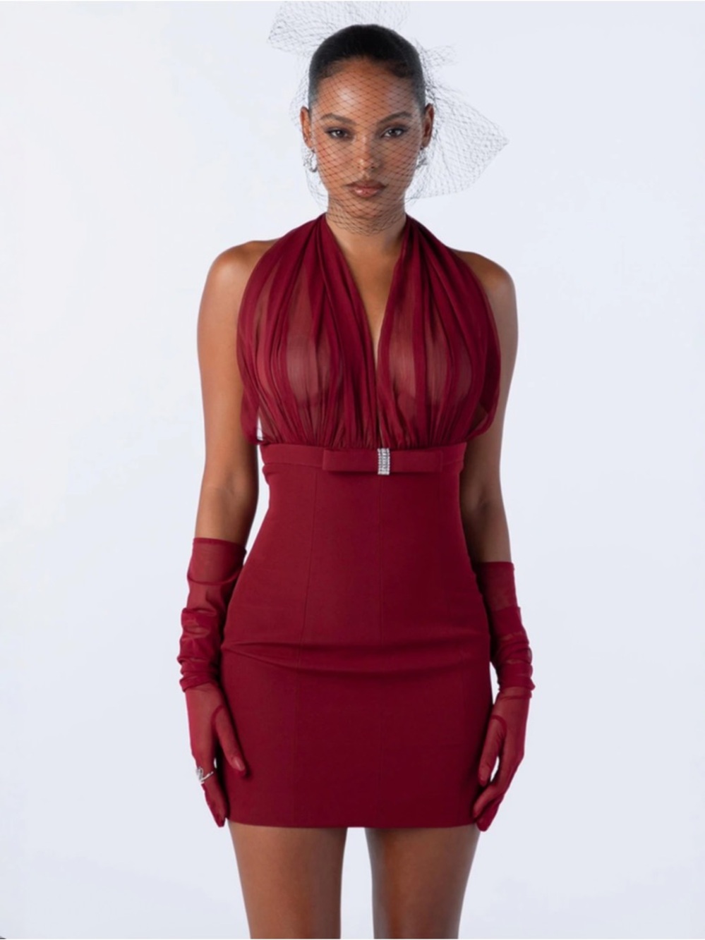 Nana Jacqueline Burgundy Halter Mini Dress with Sheer Bodice
